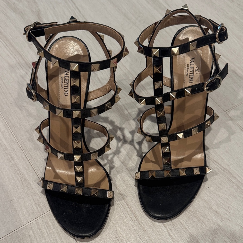 Valentino Black and Gold Studded Heels